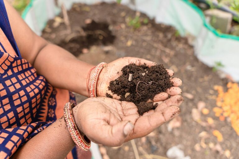 a woman holding a handful of dirt in her hands. fosfat
